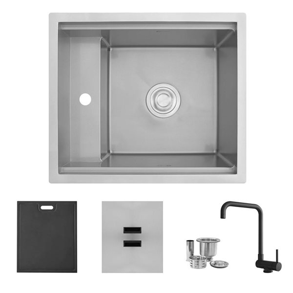 Évier utilitaire simple en acier inoxydable Elevare Stylish 20 po 1 trou à encastrer avec fini Dura-Tek et robinet noir