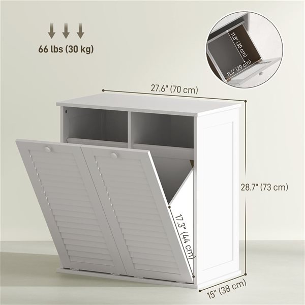 HOMCOM 15 D x 28 W x 29-in H White MDF Freestanding Tilt Out Laundry Hamper Cabinet w/ 2 Baskets and 2 Doors