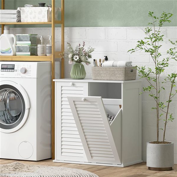 HOMCOM 15 D x 28 W x 29-in H White MDF Freestanding Tilt Out Laundry Hamper Cabinet w/ 2 Baskets and 2 Doors