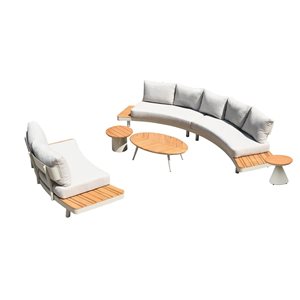 Deko Living 4-Piece Cream Metal and Teak Outdoor Sofa Set w/ Vinyl-Coated Polyester Cushions