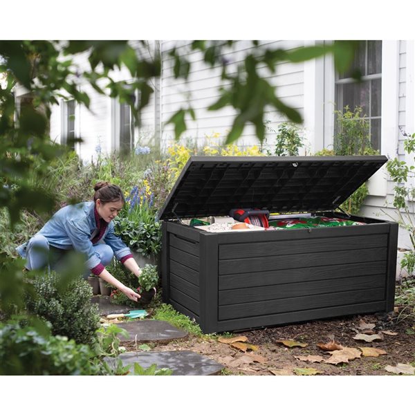 Keter 630L 57.8 x 64.4-in Wood Look Resin Deck Box - Black 259128