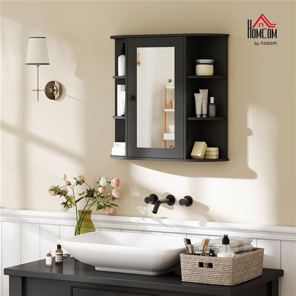 HOMCOM Medicine Cabinet with 1 Mirror Door and 6 Side Shelves 24.8 x 26-in -Black