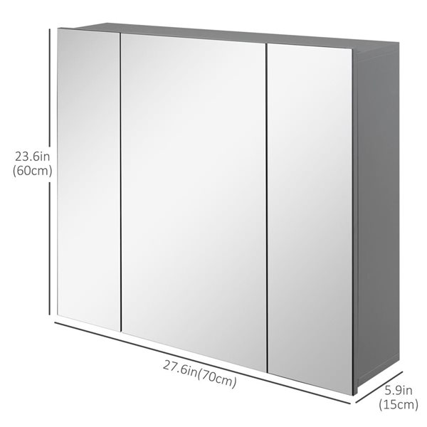 kleankin Mirror Medicine Cabinet with 3 Doors and Shelves 23.6 x 27.6-in - Grey