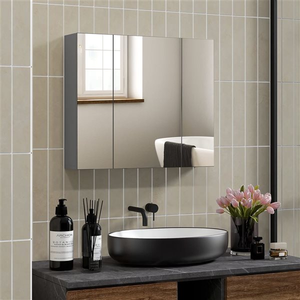 kleankin Mirror Medicine Cabinet with 3 Doors and Shelves 23.6 x 27.6-in - Grey