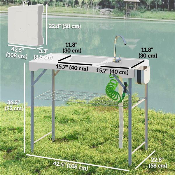 Outsunny White Portable Foldable Camping Table with Sinks