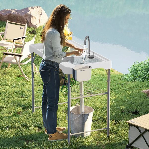 Outsunny White Portable Foldable Camping Table with Sinks