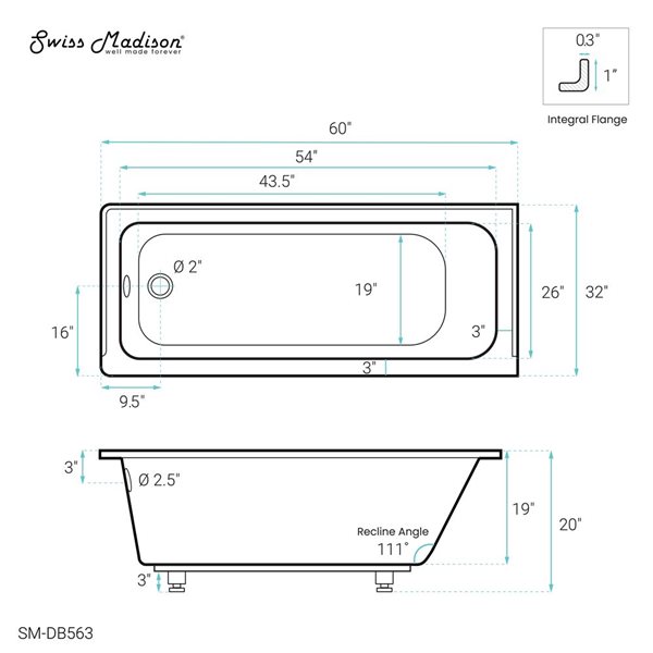 Swiss Madison Lausanne 60 x 32-in Left Drain Soaking Alcove Bathtub - Glossy White