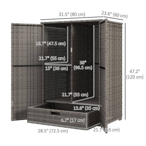 Outsunny Wicker Outdoor Storage Cabinet w/ Shelves - Dark Grey