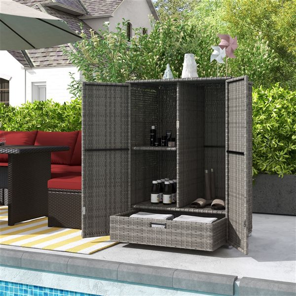 Outsunny Wicker Outdoor Storage Cabinet w/ Shelves - Dark Grey