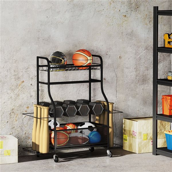 Soozier Steel Sports Equipment Organizer Rolling Rack - Black