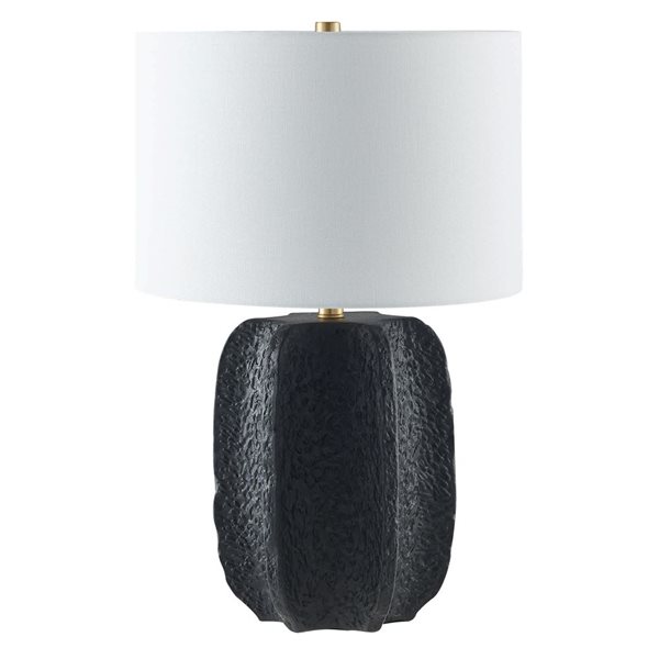 Hailey Home Turbida 24-in H Matte Black Ceramic Table Lamp with White Fabric Drum Shade and Brass Accent