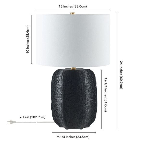 Hailey Home Turbida 24-in H Matte Black Ceramic Table Lamp with White Fabric Drum Shade and Brass Accent