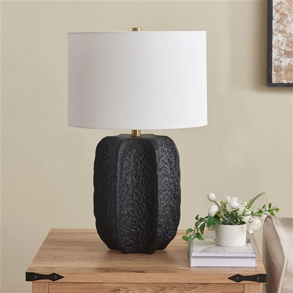 Hailey Home Turbida 24-in H Matte Black Ceramic Table Lamp with White Fabric Drum Shade and Brass Accent