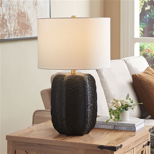 Hailey Home Turbida 24-in H Matte Black Ceramic Table Lamp with White Fabric Drum Shade and Brass Accent