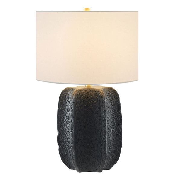 Hailey Home Turbida 24-in H Matte Black Ceramic Table Lamp with White Fabric Drum Shade and Brass Accent