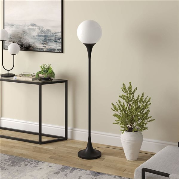 Hailey Home Mahdi 70-in H Blackened Bronze Metal Mid-Century Torchiere Floor Lamp w/ White Glass Shade