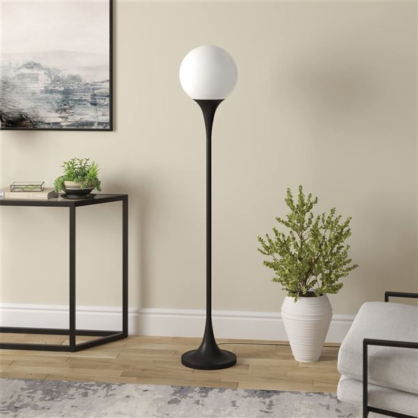 Hailey Home Mahdi 70-in H Blackened Bronze Metal Mid-Century Torchiere Floor Lamp w/ White Glass Shade
