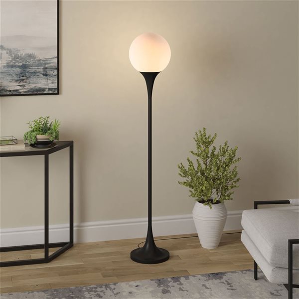 Hailey Home Mahdi 70-in H Blackened Bronze Metal Mid-Century Torchiere Floor Lamp w/ White Glass Shade