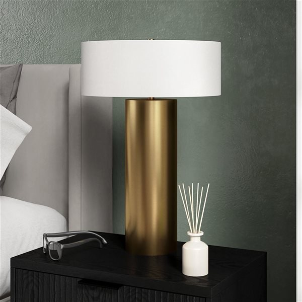 Hailey Home Wells 24-in H Brass Metal Table Lamp with White Fabric Drum Shade