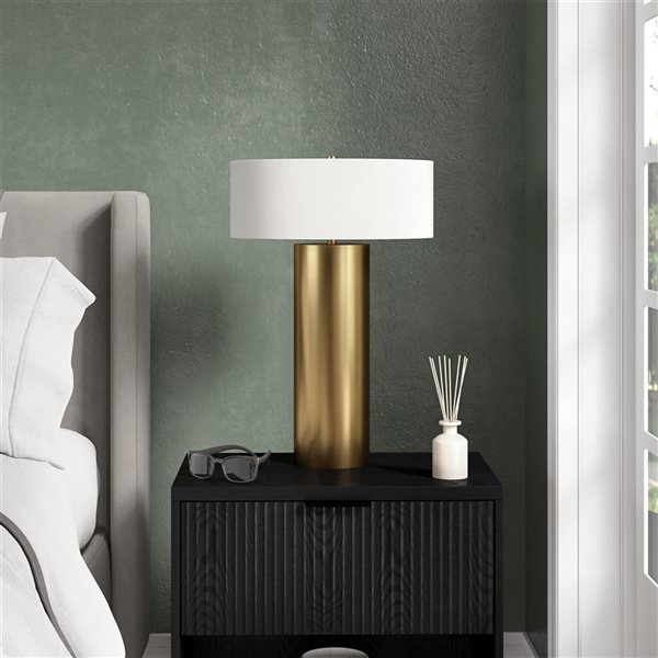 Hailey Home Wells 24-in H Brass Metal Table Lamp with White Fabric Drum Shade