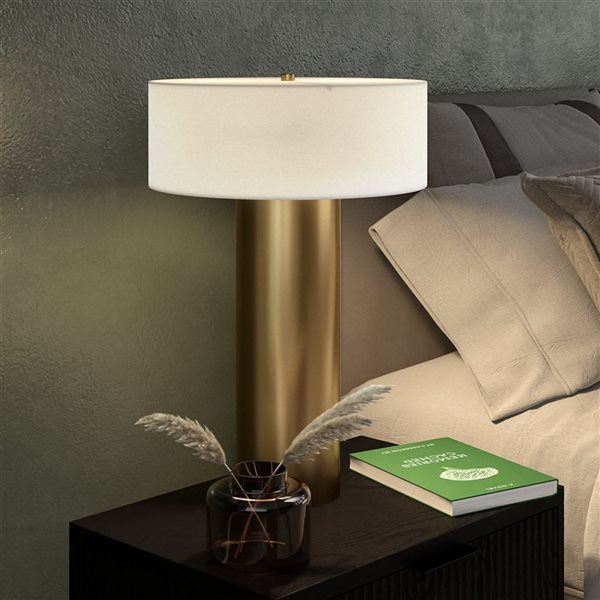 Hailey Home Wells 24-in H Brass Metal Table Lamp with White Fabric Drum Shade