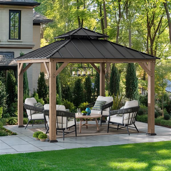 Sunjoy 11 x 11-ft Brown Cedar 2-Tier Steel Hardtop Gazebo w