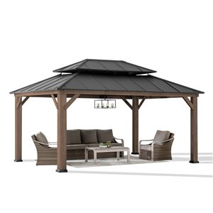Sunjoy 12 x 16-ft Dark Brown Cedar 2-Tier Steel Hardtop Gazebo w/ Ceiling Hook