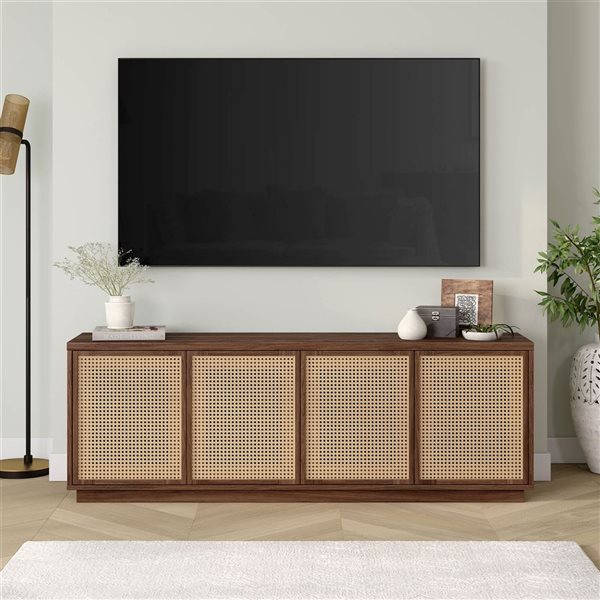 Hailey Home Pryce Rectangular TV Stand for TV's up to 78-in - Satin Walnut/Natural Rattan