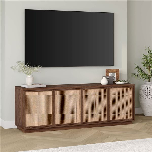 Hailey Home Pryce Rectangular TV Stand for TV's up to 78-in - Satin Walnut/Natural Rattan