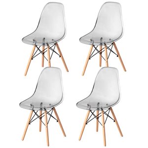 Fabulaxe Smoked Transparent Plastic Mid-Century Modern Style Dining Chairs w/ Wooden Dowel Eiffel Legs - Set of 4