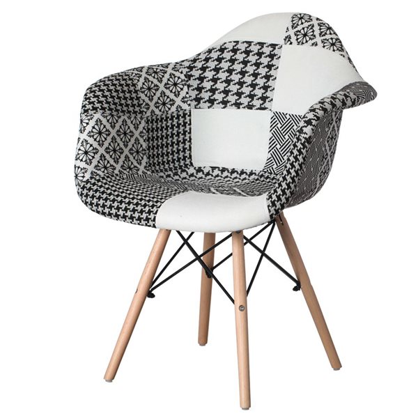Fabulaxe Black/White Mid-Century Modern Style Fabric Lined Dining Armchair w/ Beech Wooden Legs