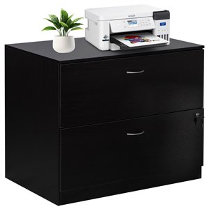 Basicwise 30-in Black Wooden Lateral File Cabinet with 2 Spacious Drawers, 1 Lockable