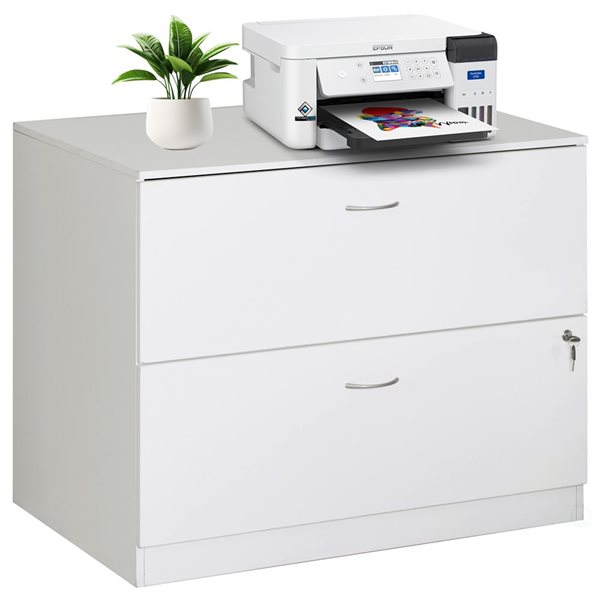 Basicwise 30-in White Wooden Lateral File Cabinet with 2 Spacious Drawers, 1 Lockable