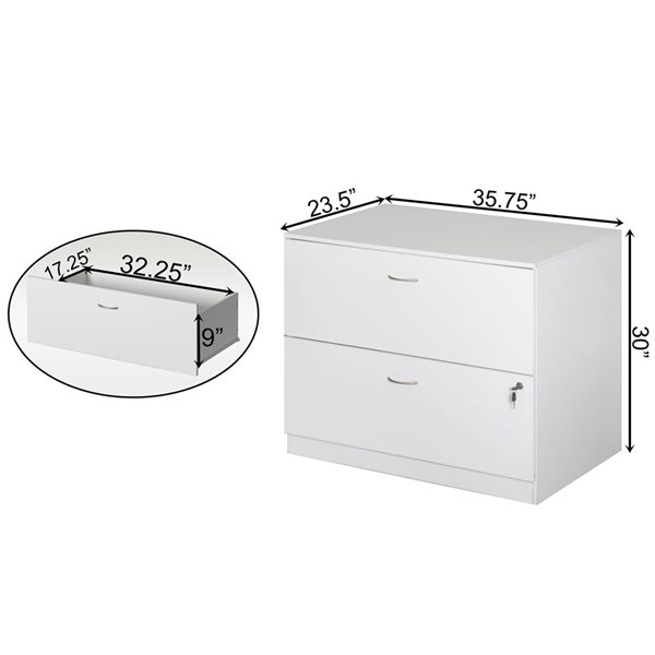Basicwise 30-in White Wooden Lateral File Cabinet with 2 Spacious Drawers, 1 Lockable