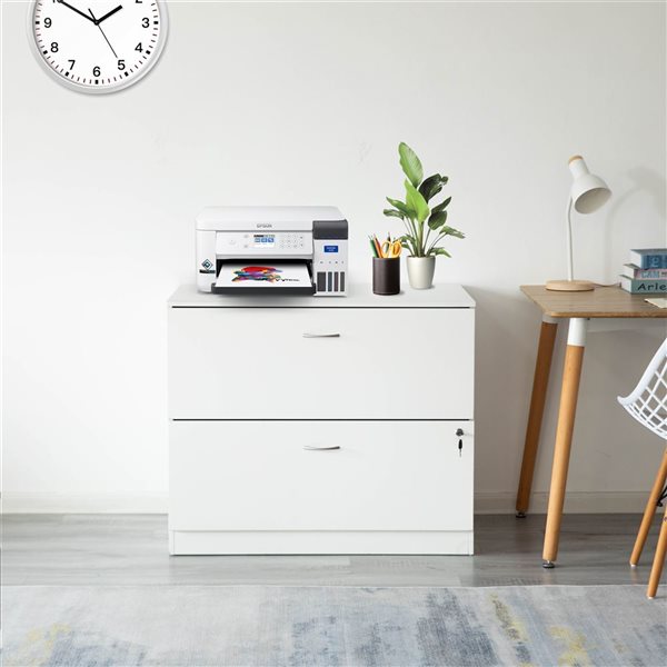 Basicwise 30-in White Wooden Lateral File Cabinet with 2 Spacious Drawers, 1 Lockable