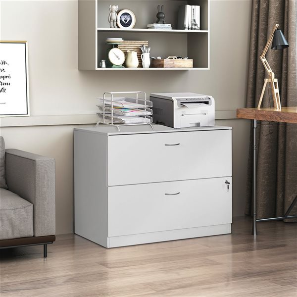 Basicwise 30-in White Wooden Lateral File Cabinet with 2 Spacious Drawers, 1 Lockable