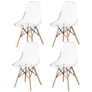 Fabulaxe Clear Plastic Mid-Century Modern Style Dining Chairs w/ Wooden Dowel Eiffel Legs - Set of 4