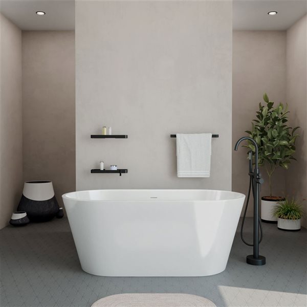 MAAX Calinda 60 L x 30-in W White Acrylic Oval Centre Freestanding Tub Kit w/ Linosa Freestanding Faucet in Matte Black