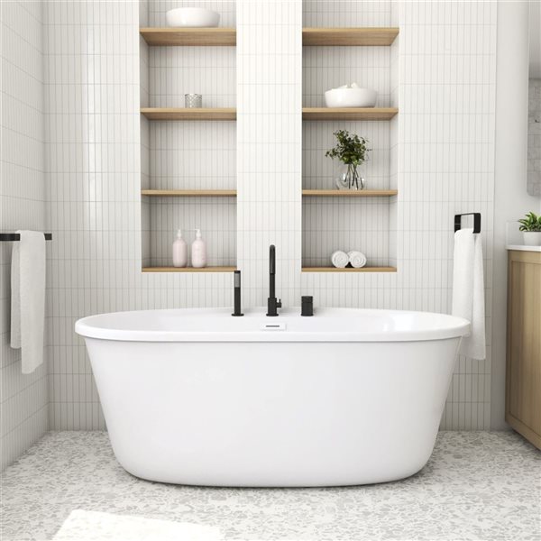 MAAX Emica 58 L x 32-in W White Acrylic Oval Back Centre Freestanding Tub Kit w/ Keros Deck Mount Tub Matte in Black