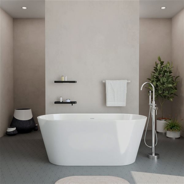 MAAX Calinda 60 L x 30-in W White Acrylic Oval Centre Freestanding Tub Kit w/ Linosa Freestanding Faucet in Chrome