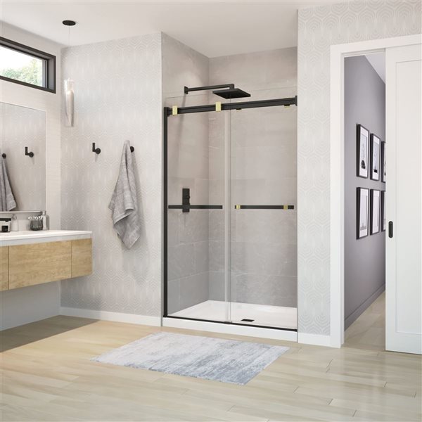 MAAX Duel 44 to 48 W x 70.5-in H Frameless Bypass Sliding Shower Door w/ Clear glass in Matte Black and Brushed Gold