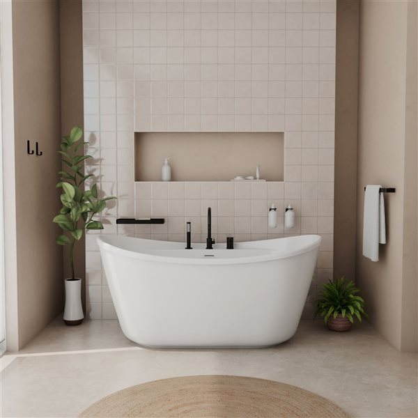 MAAX Suna 58 L x 32-in W White Acrylic Oval Back Centre Freestanding Tub Kit w/ Keros Deck Mount Tub in Matte Black