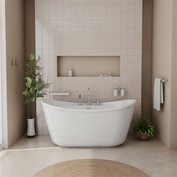 MAAX Suna 58 L x 32-in W White Acrylic Oval Back Centre Freestanding Tub Kit w/ Keros Deck Mount Tub Faucet in Chrome