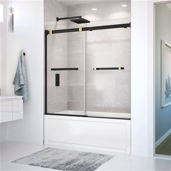 MAAX Duel 56 to 60 W x 55-in H Frameless Bypass Sliding Tub Door w/ Clear glass in Matte Black and Brushed Gold