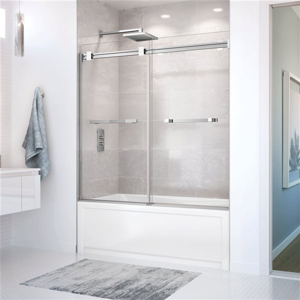 MAAX Duel 56 to 60 W x 55-in H Frameless Bypass Sliding Tub Door w/ Clear glass in Chrome and Matte White