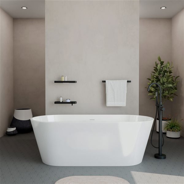 MAAX Calinda 67 L x 31-in W White Acrylic Oval Centre Freestanding Tub Kit w/ Linosa Freestanding Faucet in Matte Black