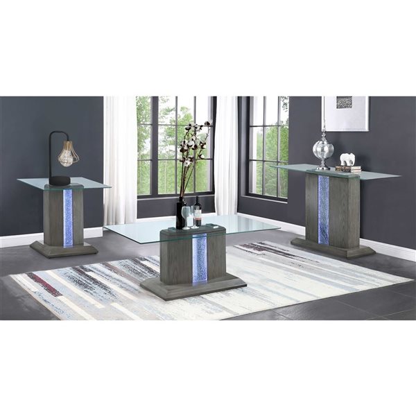 HomeTrend Spectra 24-in W Grey Wood Square End Table w/ Glass Top and LED