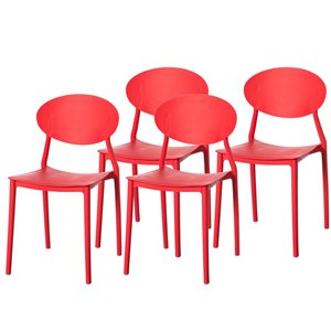 Fabulaxe Set of 4 Modern Red Plastic Outdoor Dining Chair w/ Open Oval Back Design