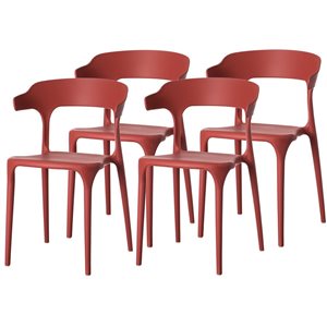 Fabulaxe Set of 4 Modern Red Plastic Outdoor Dining Chair w/ Open U Shaped Back