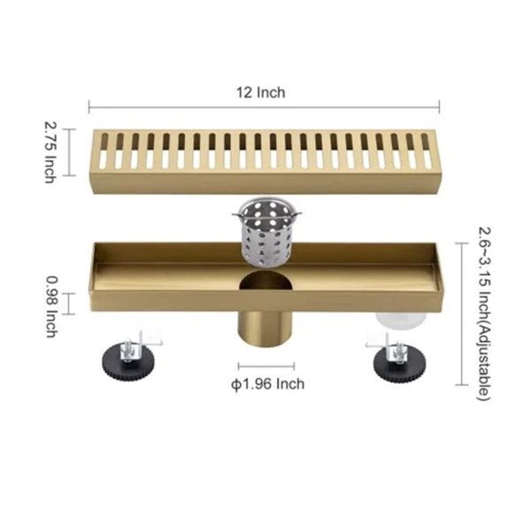 RAINLEX 12-in W Linear Stainless Steel Shower Drain - Brushed Gold